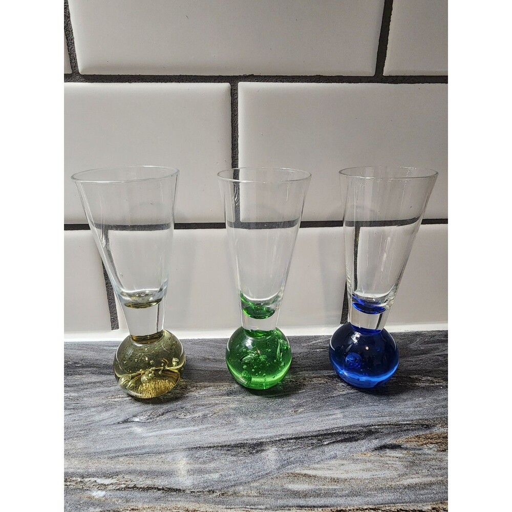 3 VTG MCM Bubble Bottom 4.5" Cordial Shot Glasses Green Blue Brown Glass Vase